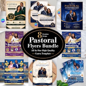 Könnte beinhalten: Eine Sammlung von acht digitalen Flyer-Vorlagen für eine pastorale Jubiläumsfeier, mit verschiedenen Farbschemata, professionellen Fotos von Paaren, goldenen Akzenten und Textlayouts für Ankündigungen von kirchlichen Veranstaltungen.