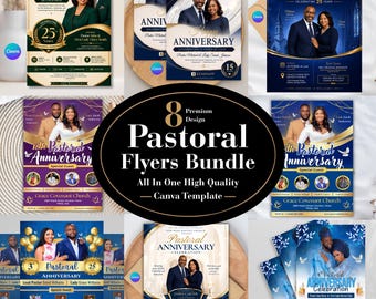Flyer pour anniversaire pastoral | Pack anniversaire pastoral modifiable sur Canva | Remerciements au pasteur | Modèle de flyer pour événement d'église | 8 designs