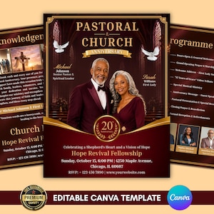 May include: A maroon and gold church anniversary flyer template featuring a central photograph of a couple, text reading Pastoral & Church Anniversary, 20th Anniversary, Hope Revival Fellowship, and event details for Sunday, October 15, 6:00 PM.