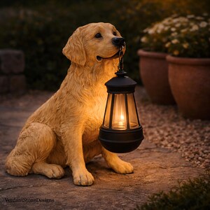 Statua Da Giardino A Forma Di Cane Golden Retriever Con Luci Solari LED: Decorazione Per Esterno Alta 33 Cm, Resina Impermeabile Per Prato E Patio - 2