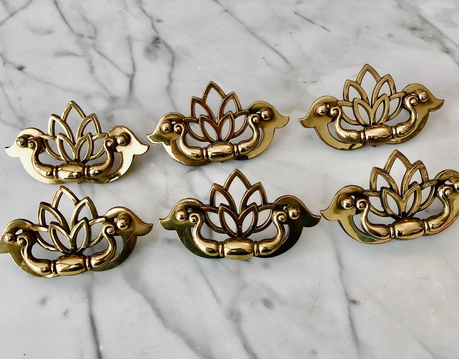 Brass drawer pulls vintage lotus flower leaves set of six Etsy