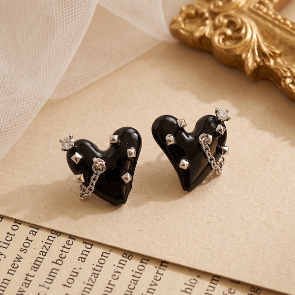 Silver Filled Black Heart Earrings,Gothic Chain Stud Earrings,Punk Statement Jewelry,Edgy Gift for Her