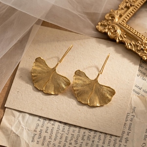 Gold Filled Ginkgo Leaf Earrings,Botanical Statement Drop Earrings,Nature Inspired Gold Dangle Earrings,Gift for Her