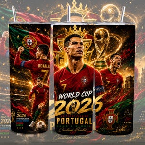 Cristiano Ronaldo Portugal Tumbler Wrap PNG | World Cup 2026 Soccer Sublimation Design | 20oz Skinny Tumbler Download