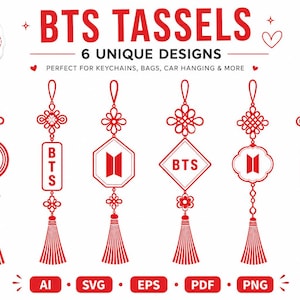 BTS Inspired Korean Ornament SVG Bundle, Kpop Tassel Hanging Charm Designs, Keychain SVG Files for Cricut