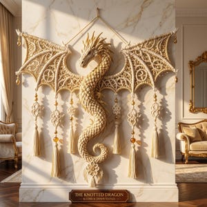 Peut inclure: Une grande tenture murale en macramé couleur crème en forme de dragon avec des motifs noués complexes, des ailes déployées et des pompons suspendus avec des perles dorées. Une plaque indique THE KNOTTED DRAGON by CORD & CROWN TEXTILES.