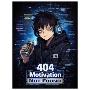 Könnte beinhalten: Anime-Illustration einer Person mit schwarzem Kapuzenpullover und Kopfhörern, die ein Energy-Drink hält. Das Bild hat einen blauen digitalen Hintergrund und den Text "404 Motivation NOT FOUND."