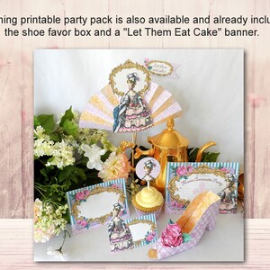 May include: A printable party pack with a whimsical theme featuring a  'Let Them Eat Cake' banner, a shoe favor box, and a cupcake topper with a miniature doll wearing a crown. The pack also includes a decorative fan with a doll in a pink dress and a gold tea pot.