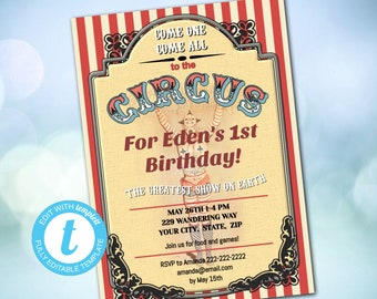 Vintage Circus Carnival Birthday Invitation, Editable File, 1st Birthday