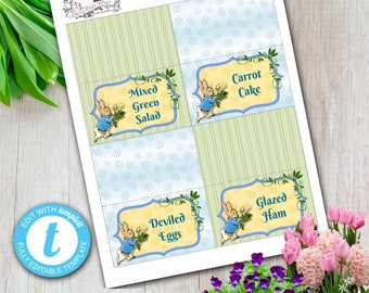 Peter Rabbit Food Labels, Editable Template, Easter, Birthday, Baby Shower, Bunny Place Cards