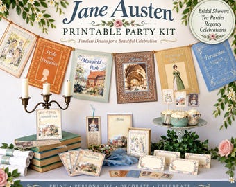 Jane Austen Bridal Shower Party Kit, Pride and Prejudice Tea Party Decor, Printable Regency Party Decorations