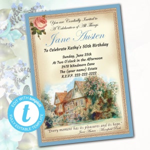 Jane Austen Tea Party Invitation, Bridal Shower, Editable Template DIY