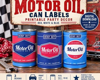 Vintage Motor Oil Can Labels, Red White Blue Classic Car Party Decor, Printable Can Wraps, Digital Download