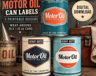 Etiketter för vintage motoroljedunkar, festdekorationer för klassiska bilar, utskrivbara burkfolier, digital nedladdning