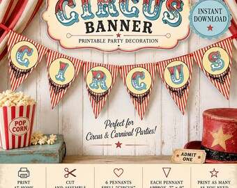 Vintage Circus Banner, Printable CIRCUS Letter Pennants, Carnival Birthday Party Decor, Digital Download