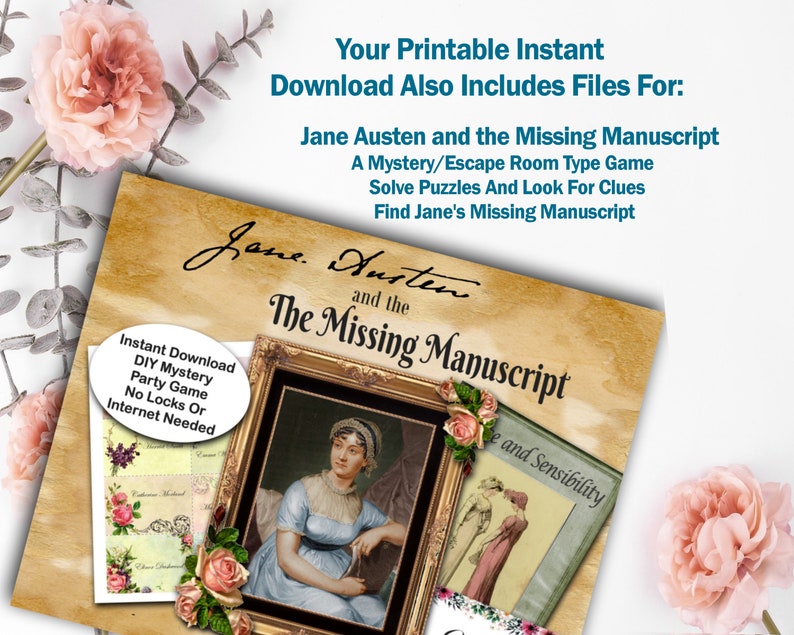 Pu&ograve; includere: Un download istantaneo stampabile per un gioco di escape room di tipo mistero a tema Jane Austen. La copertina presenta un ritratto di Jane Austen e il titolo "Jane Austen e il manoscritto mancante".