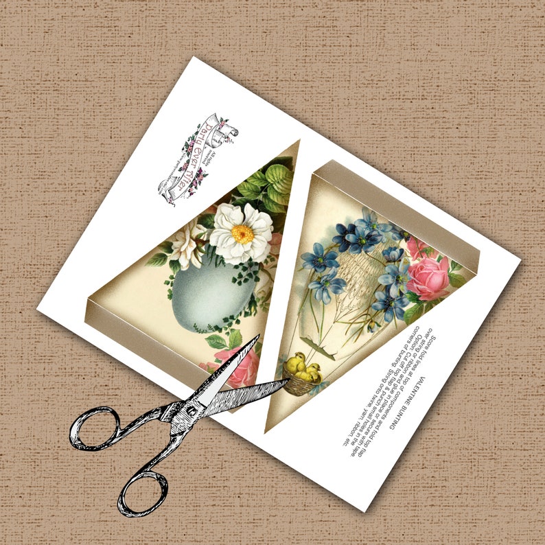 May include: A craft project featuring two triangular paper cutouts with floral illustrations. One cutout displays white daisies and pink roses, the other blue flowers and a bird's nest. Scissors are positioned to cut the paper. Text includes "Portu ever after" and "VALENTINE BUNTING".