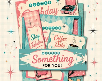 Vintage Vibes Birthday Printable Gift Kit | Retro Bundle | Instant Download | Birthday Coupons | Gift Card Holder | 1950s Mid Century