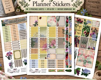 Vintage Gardening Planner Stickers, Printable Garden Stickers, Floral Planner Kit, Instant Download