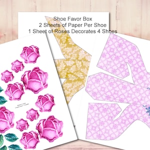 May include: Printable template for creating shoe favor boxes. The template includes two sheets of paper per shoe and one sheet of roses to decorate four shoes. The text "Shoe Favor Box" is at the top of the page, followed by "2 Sheets of Paper Per Shoe" and "1 Sheet of Roses Decorates 4 Shoes".