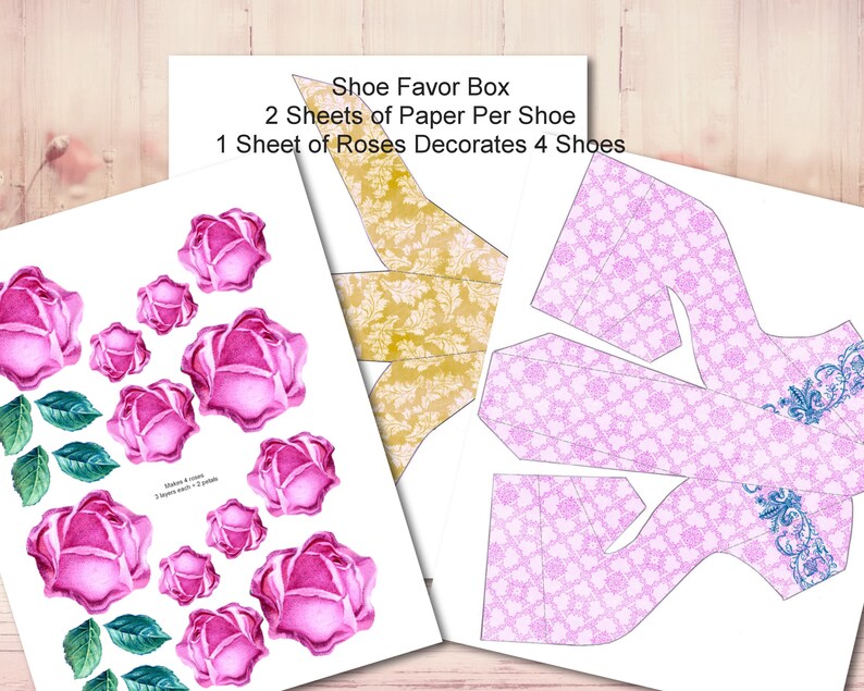 May include: Printable template for creating shoe favor boxes. The template includes two sheets of paper per shoe and one sheet of roses to decorate four shoes. The text "Shoe Favor Box" is at the top of the page, followed by "2 Sheets of Paper Per Shoe" and "1 Sheet of Roses Decorates 4 Shoes".