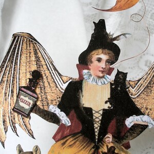 May include: A witch with brown wings, a black hat, and a red and black cape holds a bottle labeled "Elixir" and a black cat.