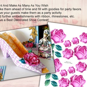 May include: A printable template for a paper shoe craft project. The template includes a shoe shape and a rose design. The text on the page reads "Print And Make As Many As You Wish Make them ahead of time and fill with goodies for party favors. Have your guests make them as a party activity. Add further embellishments with ribbon, rhinestones, etc. Have a Best Decorated Shoe Contest!"