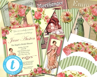 Jane Austen Garden, Bridal Shower, Regency Wedding, Editable Invitation, Jane Austen Party Decor