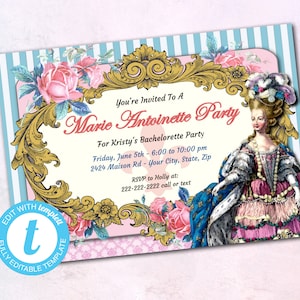 Uitnodiging voor het feest van Marie Antoinette, bewerkbaar, verjaardag, theekransje, bruidsdouche