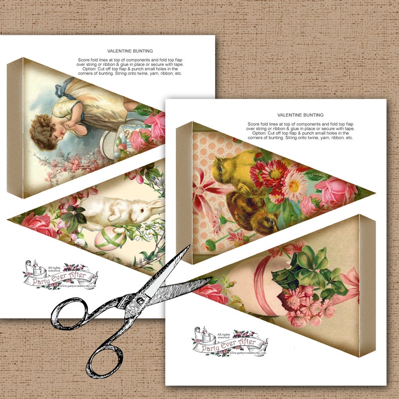 May include: Two Valentine's Day bunting templates with vintage illustrations of a child, a rabbit, and flowers. The text "VALENTINE BUNTING" is visible, along with instructions. A pair of scissors is in the foreground.