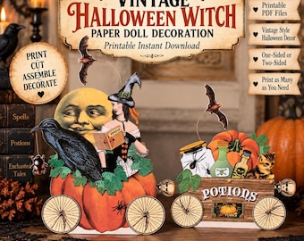 May include: A vintage Halloween witch paper doll decoration set featuring a witch in a pumpkin carriage with a moon, a crow, and a bat, alongside a separate wooden-style cart labeled POTIONS with a pumpkin, jars, and a cat. Includes text elements.
