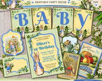 Peter Rabbit Party Kit, Editable Birthday Party Decor, Garden Baby Shower, Printable Bunny Party Decorations