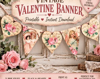 Vintage Valentine Banner, Printable Heart Bunting, Romantic Floral Garland, Valentine's Day Decor, Digital Download
