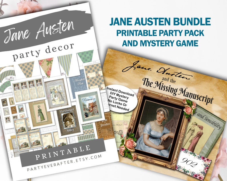 Pu&ograve; includere: Set di decorazioni per feste Jane Austen stampabili con un gioco di mistero stampabile. Il gioco si chiama "Jane Austen e il manoscritto mancante". Il set include uno striscione, carte da tavolo e altre decorazioni.