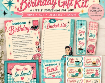 Retro Birthday Gift Kit, Printable Birthday Coupons, Gift Card Holder, 1950s Birthday Gift, Digital Download