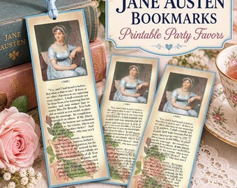 Jane Austen Bookmarks, Printable Book Lover Party Favors, Regency Tea Party, Bridal Shower