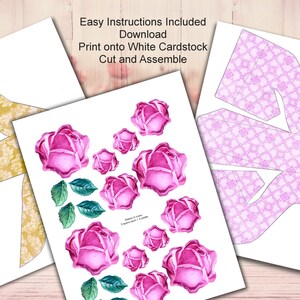 May include: Printable paper craft template featuring a pink rose design. The template includes instructions to download, print on white cardstock, cut, and assemble. The text "Easy Instructions Included, Download, Print onto White Cardstock, Cut and Assemble" is visible on the template.
