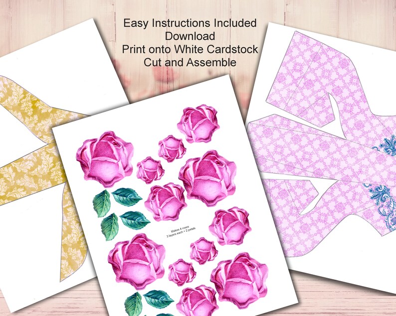 May include: Printable paper craft template featuring a pink rose design. The template includes instructions to download, print on white cardstock, cut, and assemble. The text "Easy Instructions Included, Download, Print onto White Cardstock, Cut and Assemble" is visible on the template.