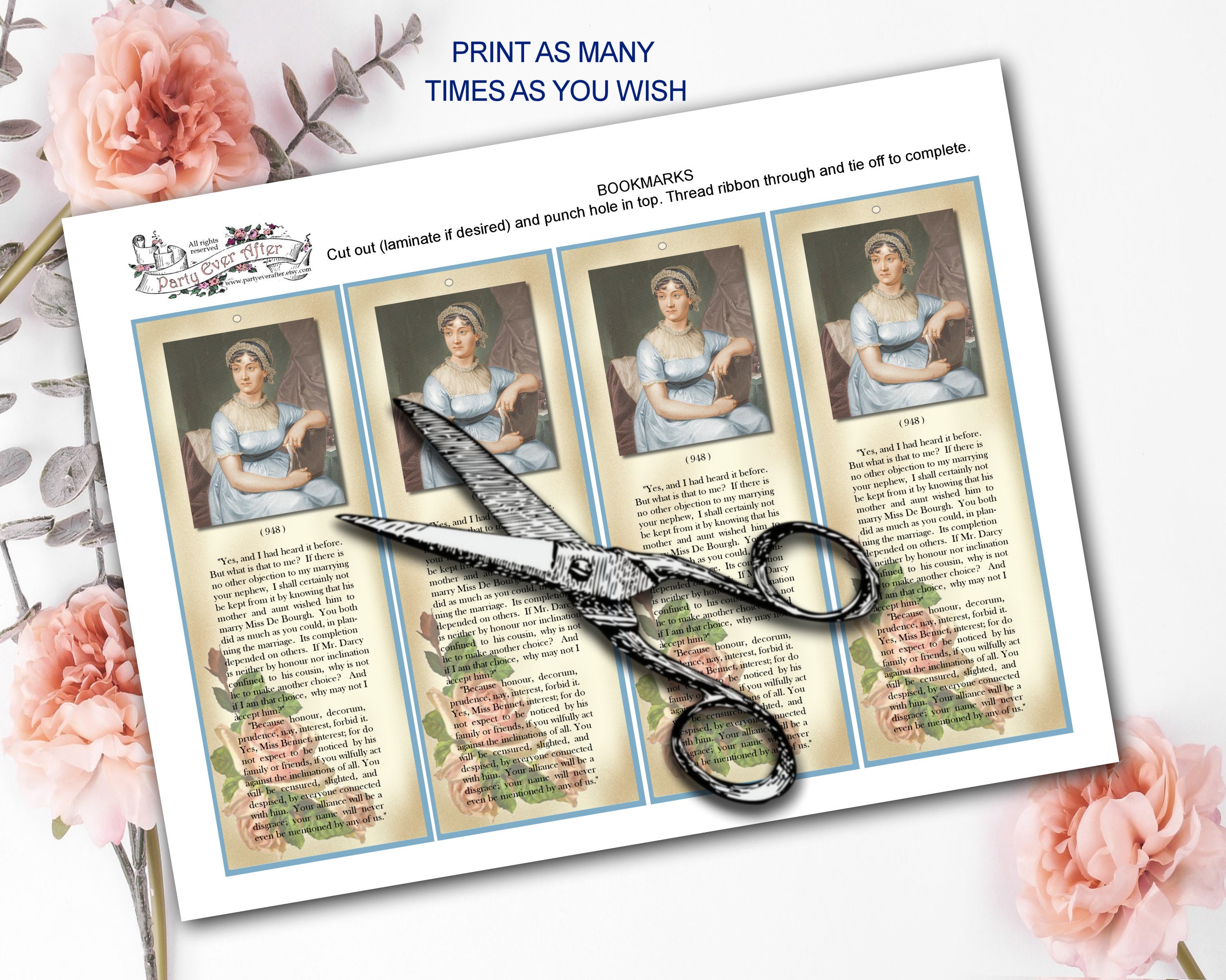 Jane Austen Bookmark, Printable Jane Austen, Tea Party Favors, DIY ...