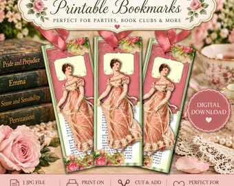 Jane Austen Bookmarks, Printable Regency Bookmarks, Bridal Shower Favors, Book Club Gifts, Literary Party Favor, Digital Download