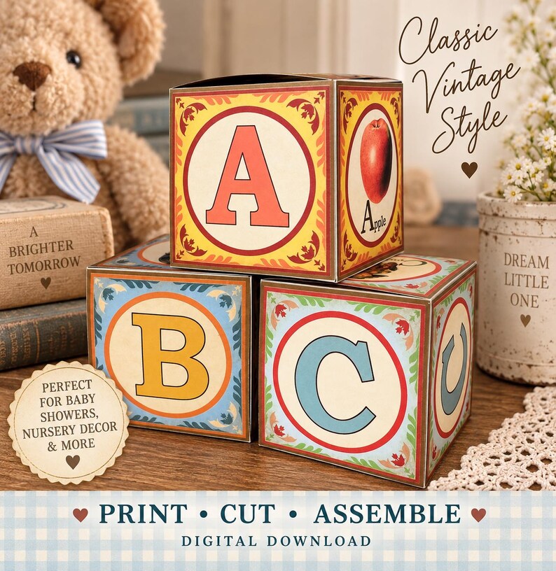 May include: Three square paper blocks featuring the letters A, B, and C in a vintage style. The block with the letter A displays a red apple illustration. The blocks are decorated with colorful borders and patterns, designed for assembly.