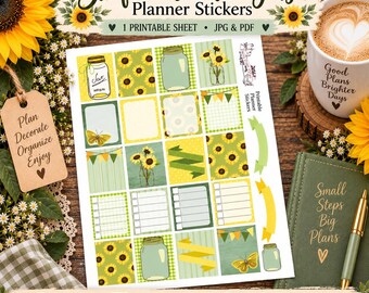 Sunflower Planner Stickers, Mason Jar Printable Stickers, Floral Planner Stickers, Instant Download