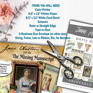 Pu&ograve; includere: Decorazioni per feste Jane Austen stampabili con uno striscione, topper per cupcake e altre decorazioni. Il set stampabile include un gioco di festa mystery fai-da-te con istruzioni per un download istantaneo. L'immagine mostra anche un paio di forbici e un libro intitolato "Jane Austen e il manoscritto mancante".