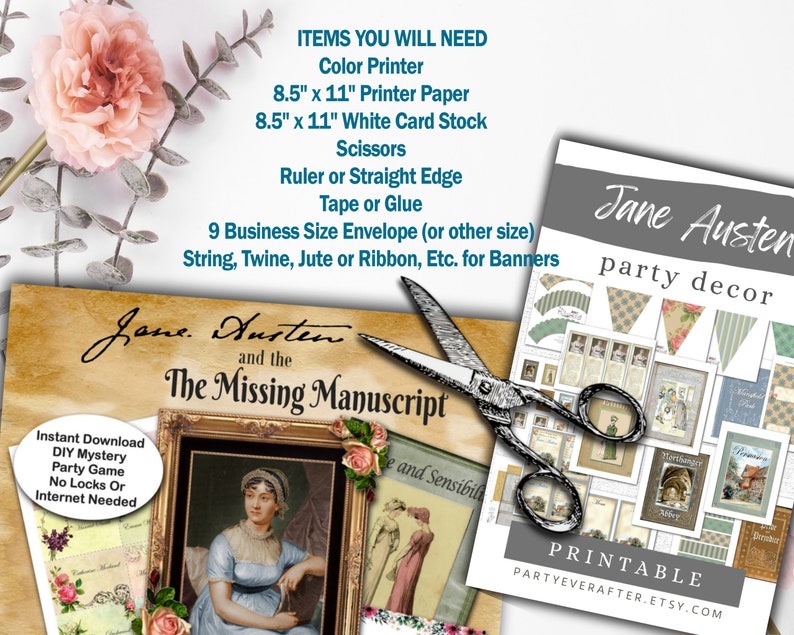 Pu&ograve; includere: Decorazioni per feste Jane Austen stampabili con uno striscione, topper per cupcake e altre decorazioni. Il set stampabile include un gioco di festa mystery fai-da-te con istruzioni per un download istantaneo. L'immagine mostra anche un paio di forbici e un libro intitolato "Jane Austen e il manoscritto mancante".