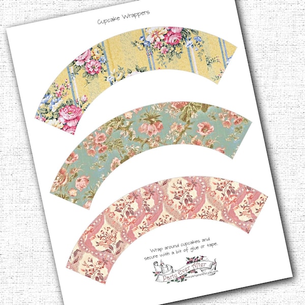 Cupcake Wrappers Vintage Floral Shabby Chic Printable Instant Download