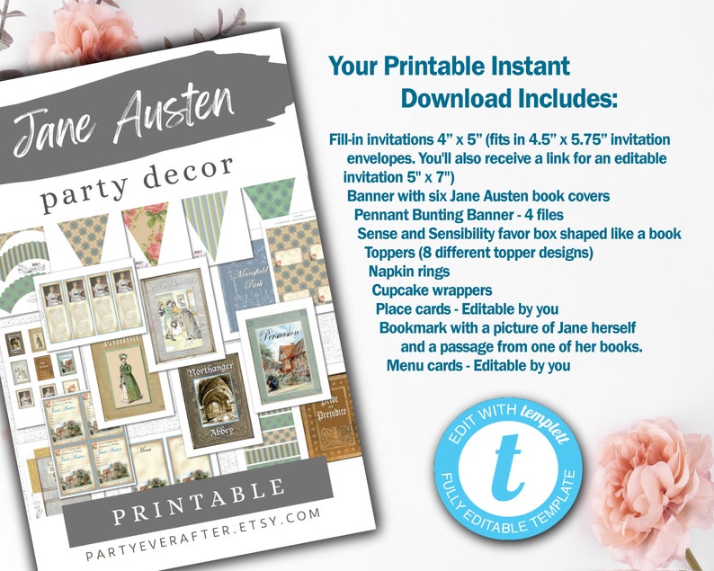 Pu&ograve; includere: Set di decorazioni per feste Jane Austen stampabile con uno striscione, bandierine, topper, scatole regalo e molto altro. Il set include biglietti da visita modificabili, menu e un segnalibro con un'immagine di Jane Austen. Il testo "EDIT WITH TEMPLATE" &egrave; in un cerchio con sfondo blu.