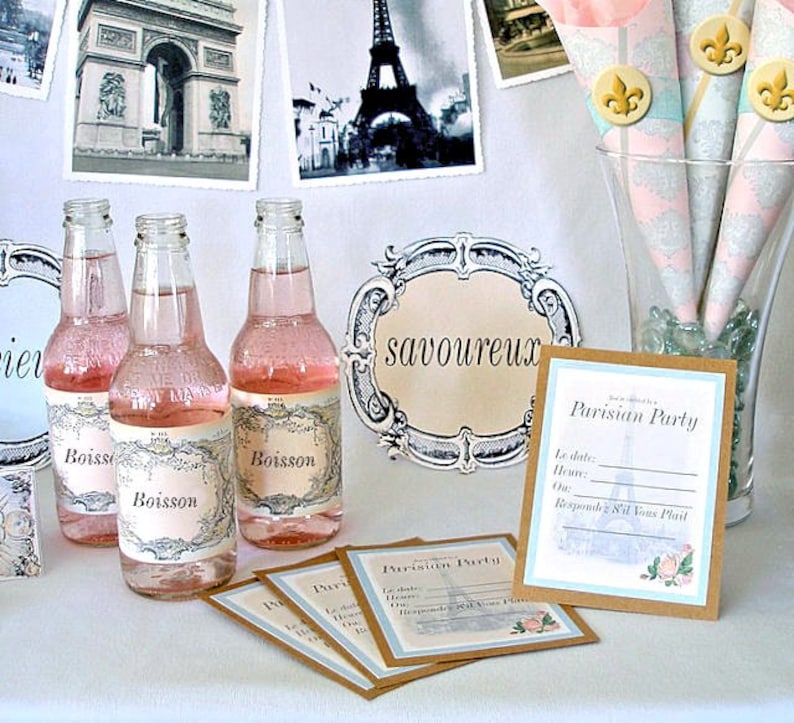 Parisian Printable Party Pack Kit, Instant Download Files, Editable, French Party Decor image 1