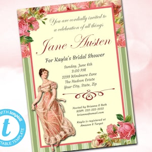 Jane Austen Invitation, Jane Austen Bridal Shower, Birthday, Wedding, Editable Invite, Printable Instant Download