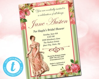 Jane Austen Invitation, Jane Austen Bridal Shower, Birthday, Wedding, Editable Invite, Printable Instant Download