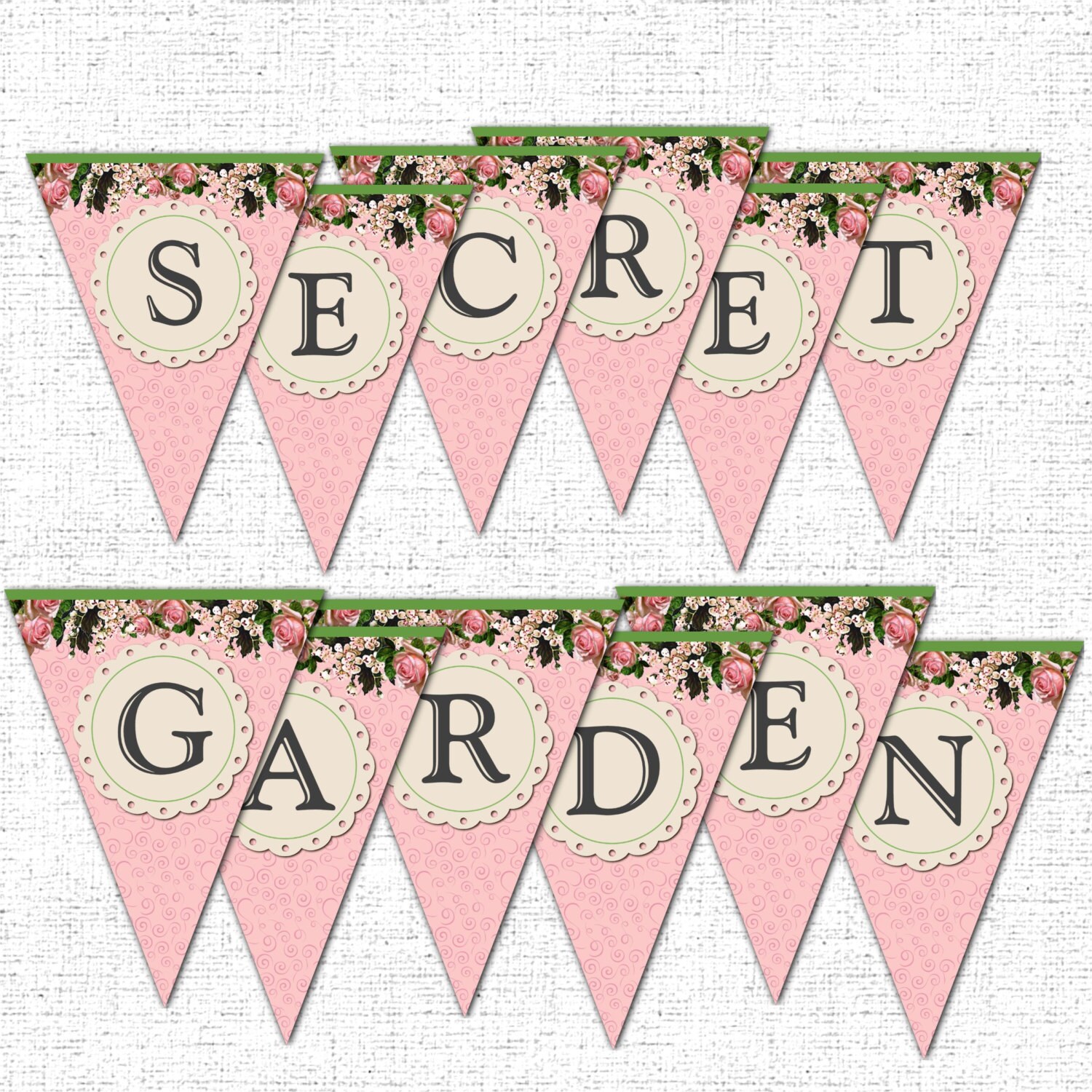 Complete Alphabet Secret Garden Shabby Chic Party Digital Printable Instant Download Banner Bunting